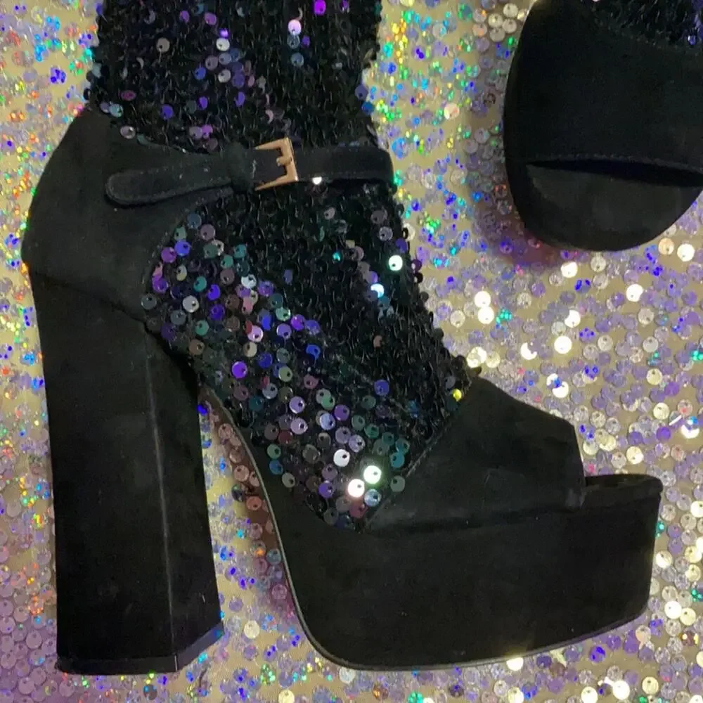 Shelly’s London • Haimi Iridescent Sequin Sock Bootie Platforms